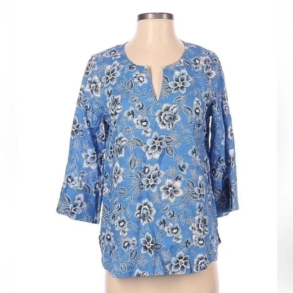 J. Jill | Blue Cream Floral Love Linen Split Neck 3/4 Sleeves Blouse Size XS - Picture 2 of 3